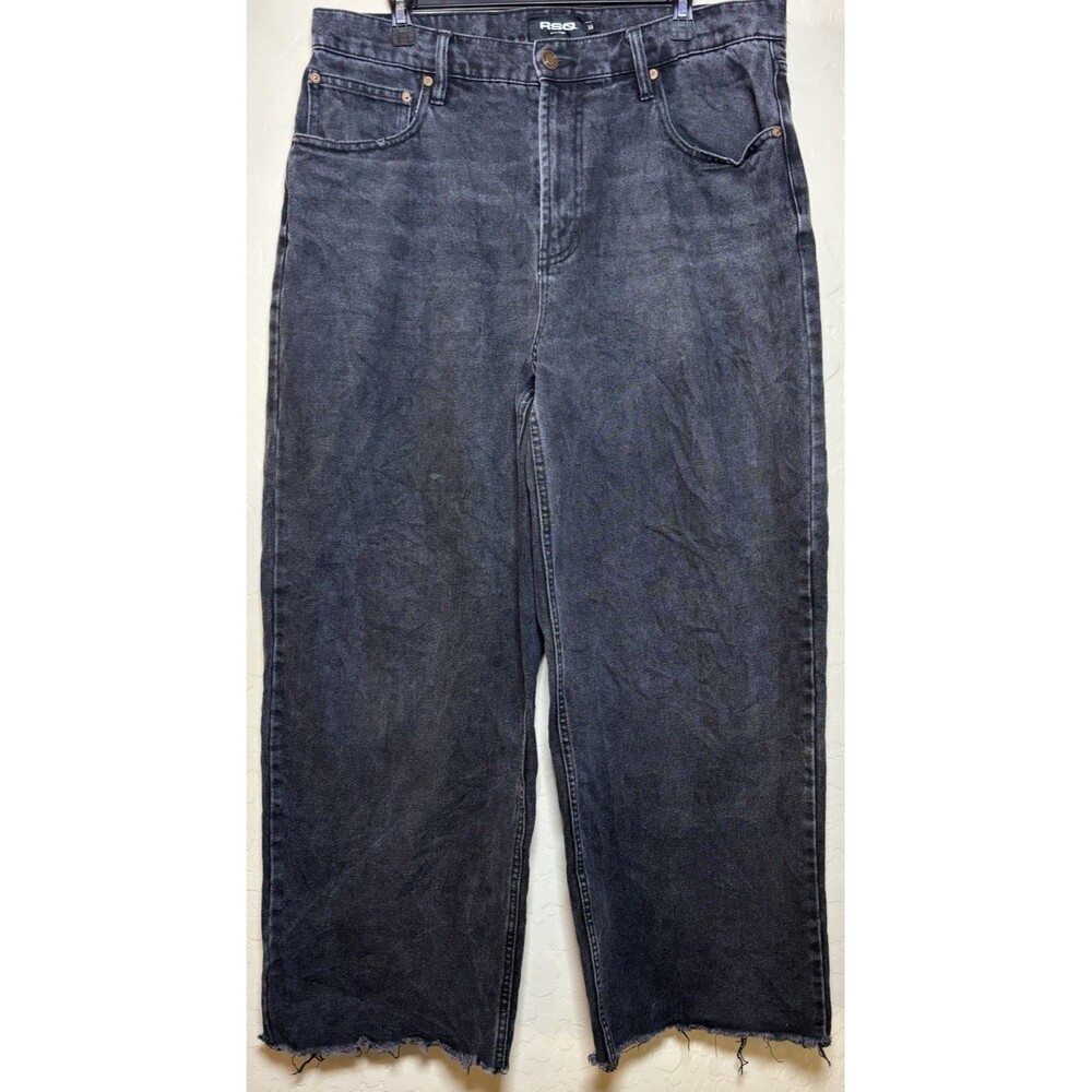 RSQ Extra Baggy Jeans Womens 34 Black Acid Wash Wide Leg Raw Hem Skater Y2K